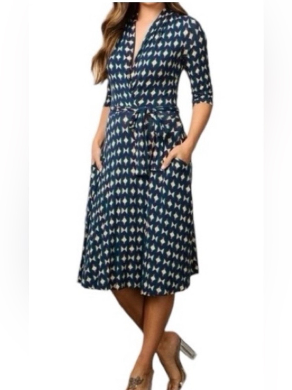 NWT Emerson Lang Faux Wrap Midi Dress V neck 3/4 Sleeve Geometric Navy & Tan M